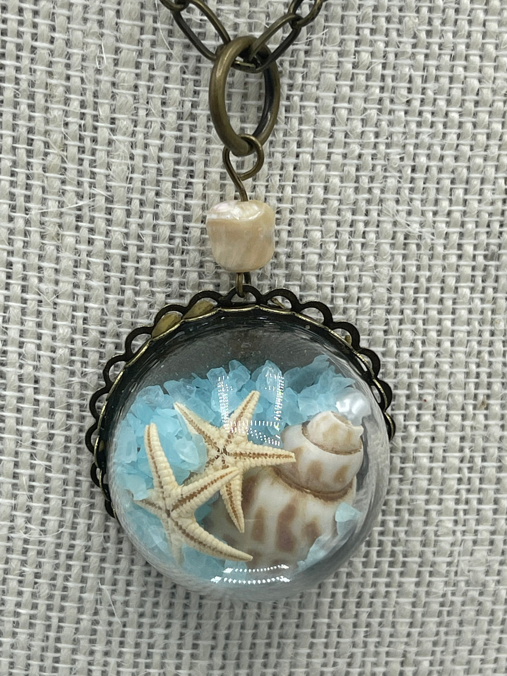 Glass Dome Pendent On Antique Gold Chain w/ Real Starfish and Seashells & Blue Seashell Earrings (Clearance)