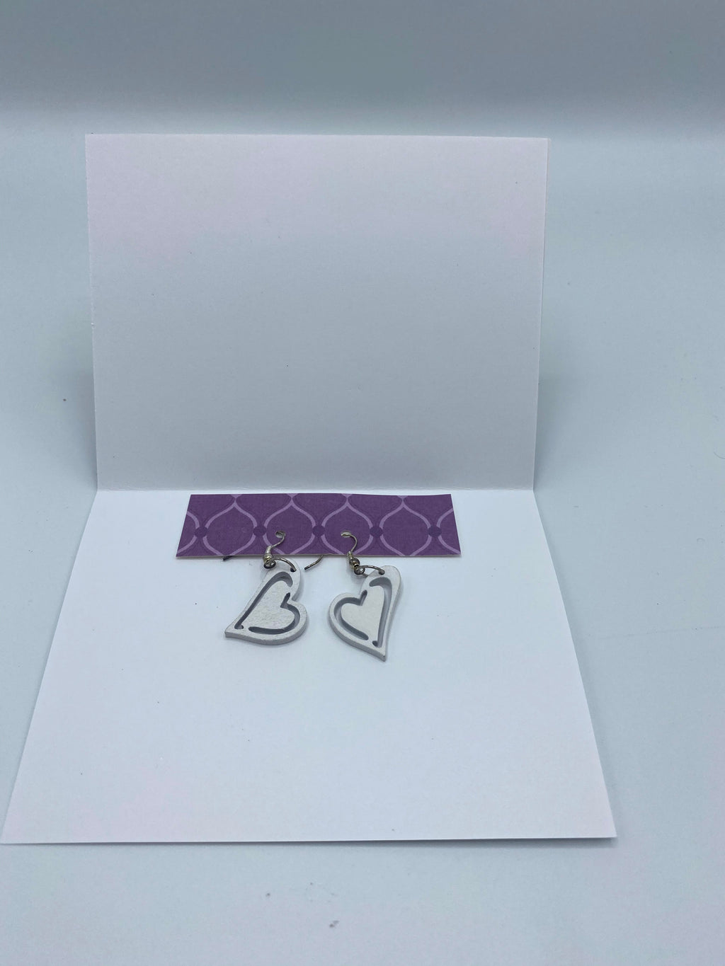 Purple Card W/ Birds & White Heart Earrings