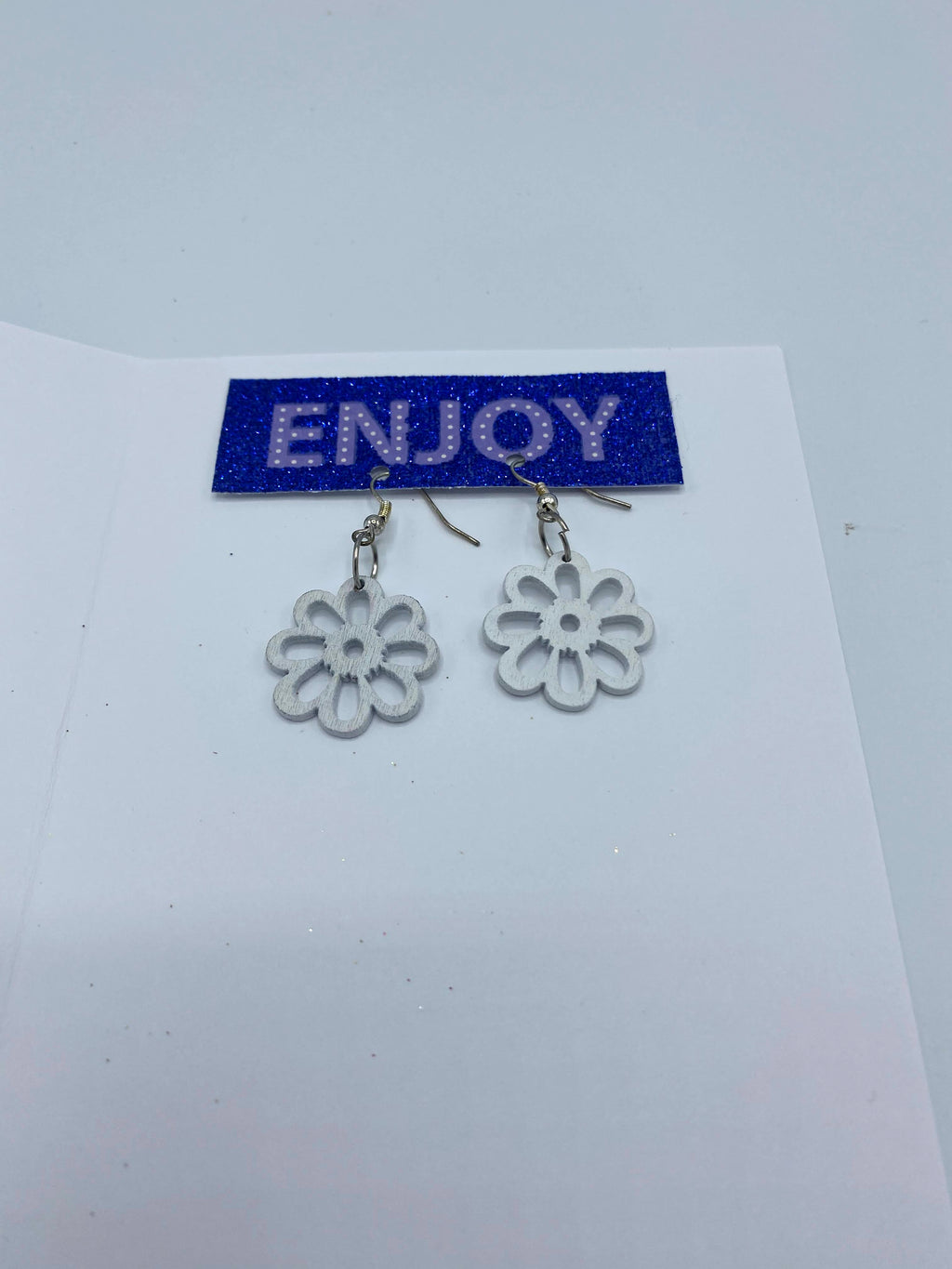 Multi-Colored Blue Word Card w/White Flower Earrings