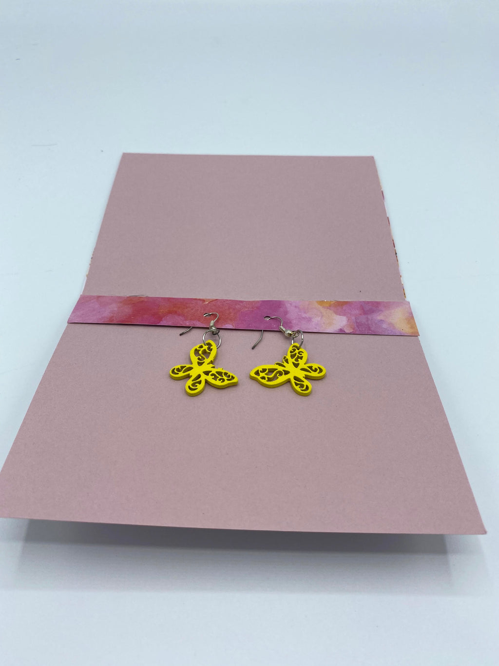 Pink & Yellow Watercolor Card w/Yellow Butterfly Earrings
