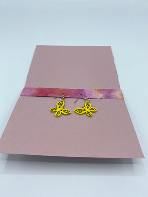 Pink & Yellow Watercolor Card w/Yellow Butterfly Earrings