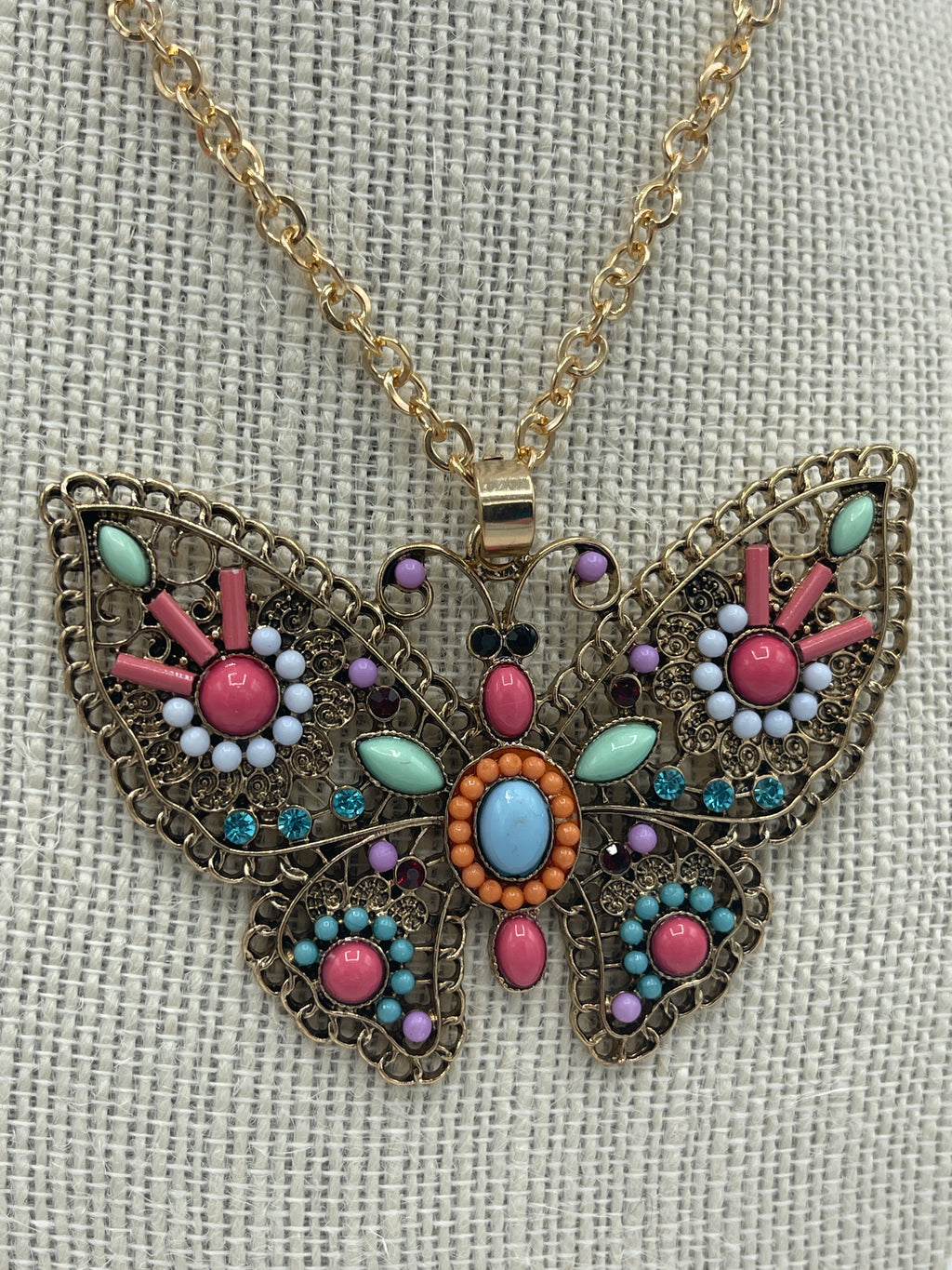 Beaded Butterfly Medallion Pendent Necklace on Gold Chain w/ Matching Beaded Earrings (Clearance)