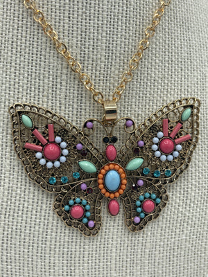 Beaded Butterfly Medallion Pendent Necklace on Gold Chain w/ Matching Beaded Earrings (Clearance)