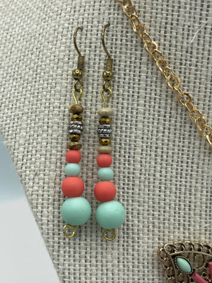 Beaded Butterfly Medallion Pendent Necklace on Gold Chain w/ Matching Beaded Earrings (Clearance)