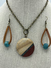 Multi-Colored Stone Medallion Necklace Set w/Leather Beaded Earrings (Clearance)