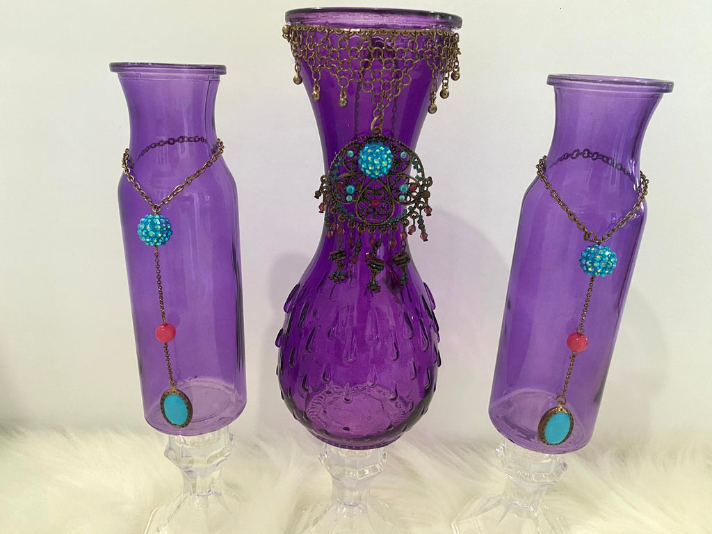 Three Piece Purple Vase Glassware Set w/ Jeweled Embellishments...