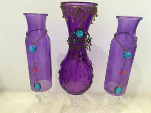 Three Piece Purple Vase Glassware Set w/ Jeweled Embellishments...