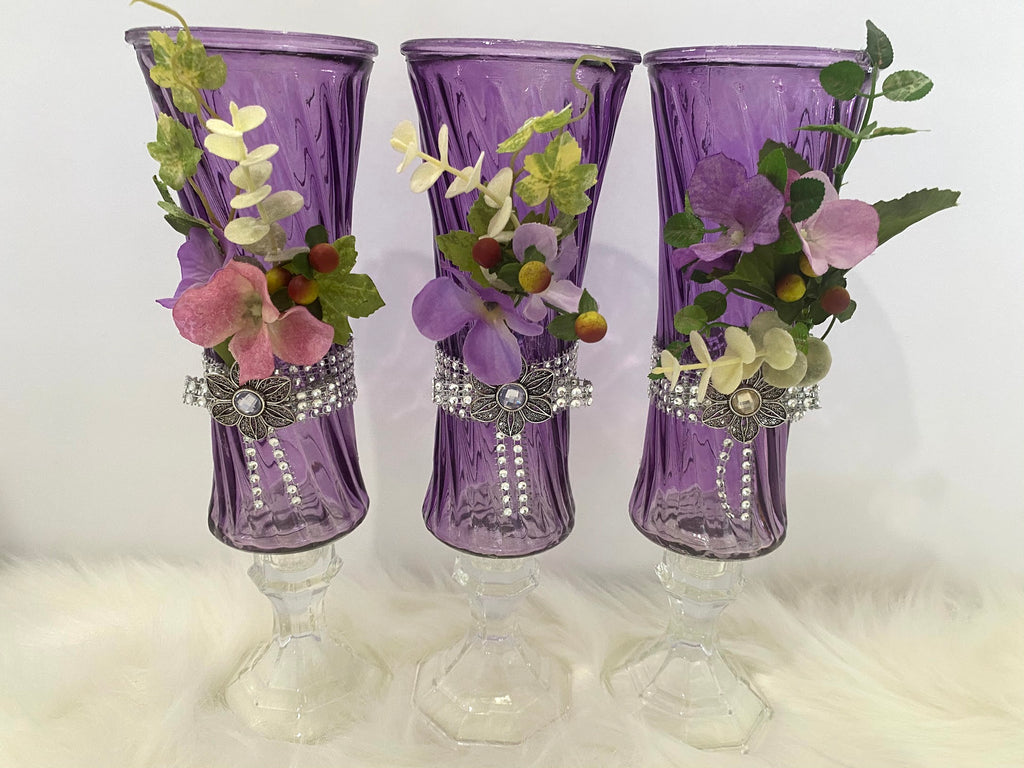 Three Piece Purple Vase Glassware Set w/Floral Embellishments