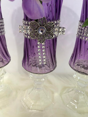 Three Piece Purple Vase Glassware Set w/Floral Embellishments