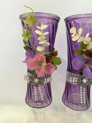 Three Piece Purple Vase Glassware Set w/Floral Embellishments