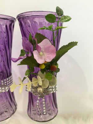 Three Piece Purple Vase Glassware Set w/Floral Embellishments