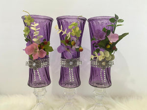 Three Piece Purple Vase Glassware Set w/Floral Embellishments