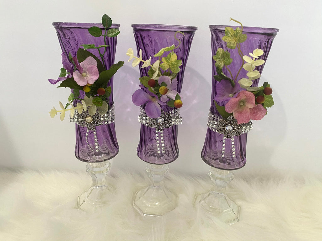 Three Piece Purple Vase Glassware Set w/Floral Embellishments