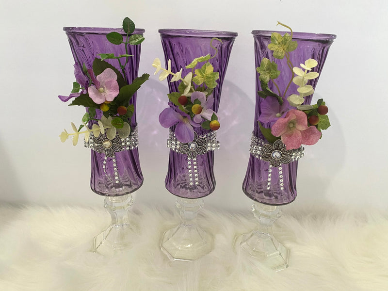 Three Piece Purple Vase Glassware Set w/Floral Embellishments