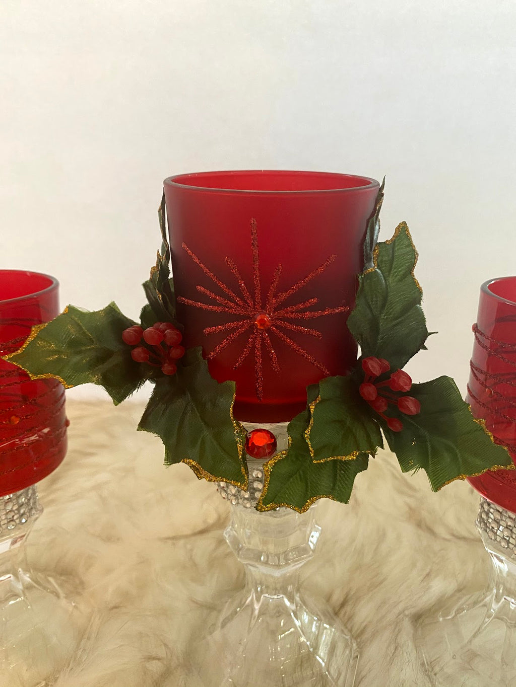 Three Piece Red Christmas Candle Glassware Set