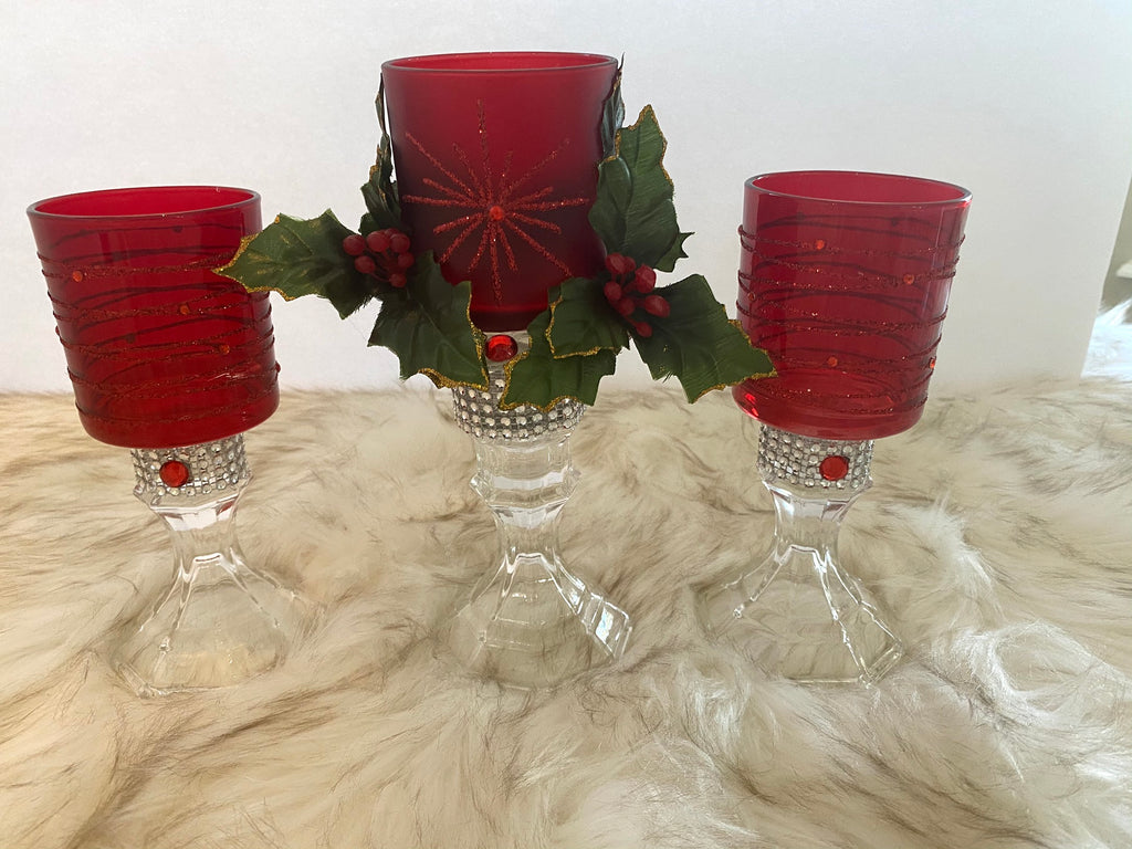 Three Piece Red Christmas Candle Glassware Set