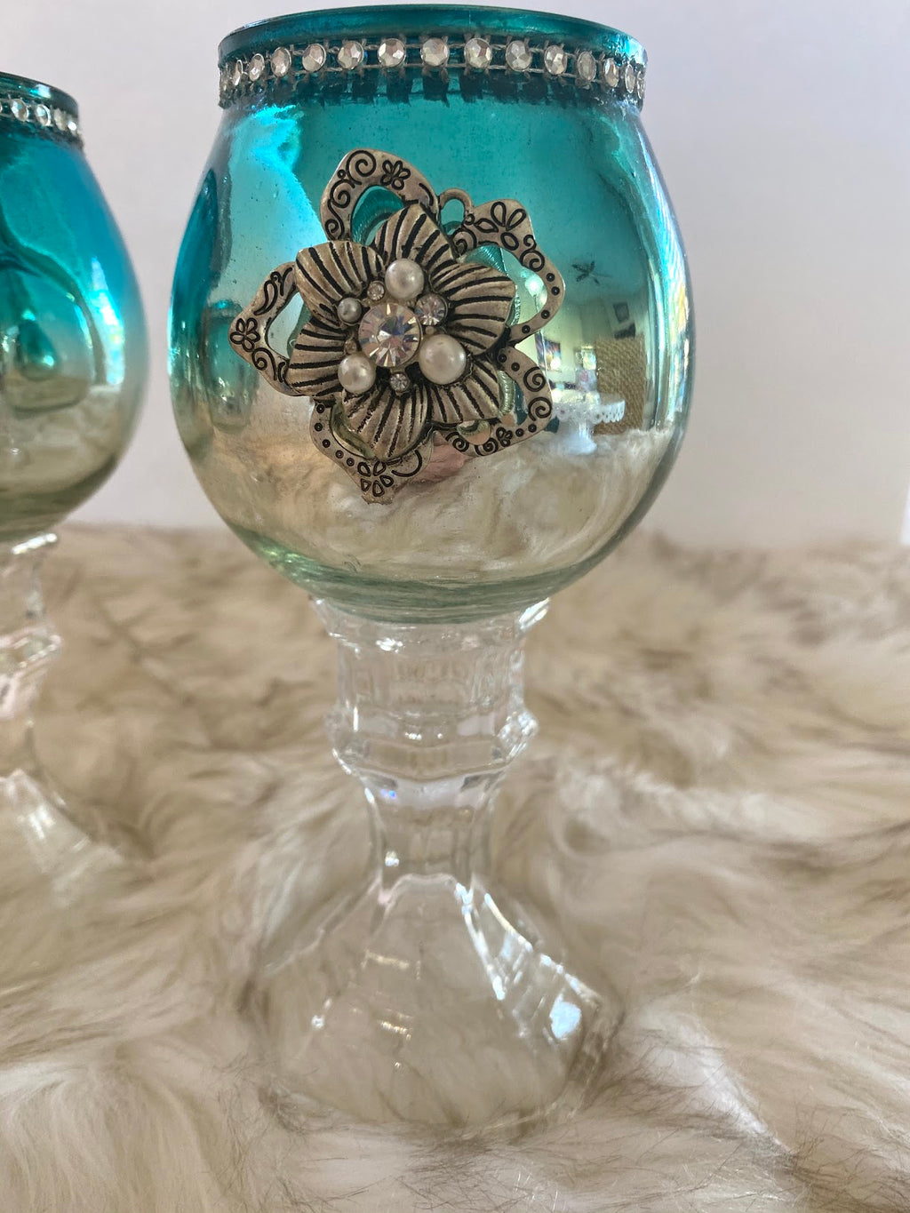 Three Piece Metallic Turquoise & Silver Candle Glassware Set