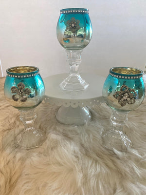 Three Piece Metallic Turquoise & Silver Candle Glassware Set