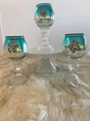 Three Piece Metallic Turquoise & Silver Candle Glassware Set