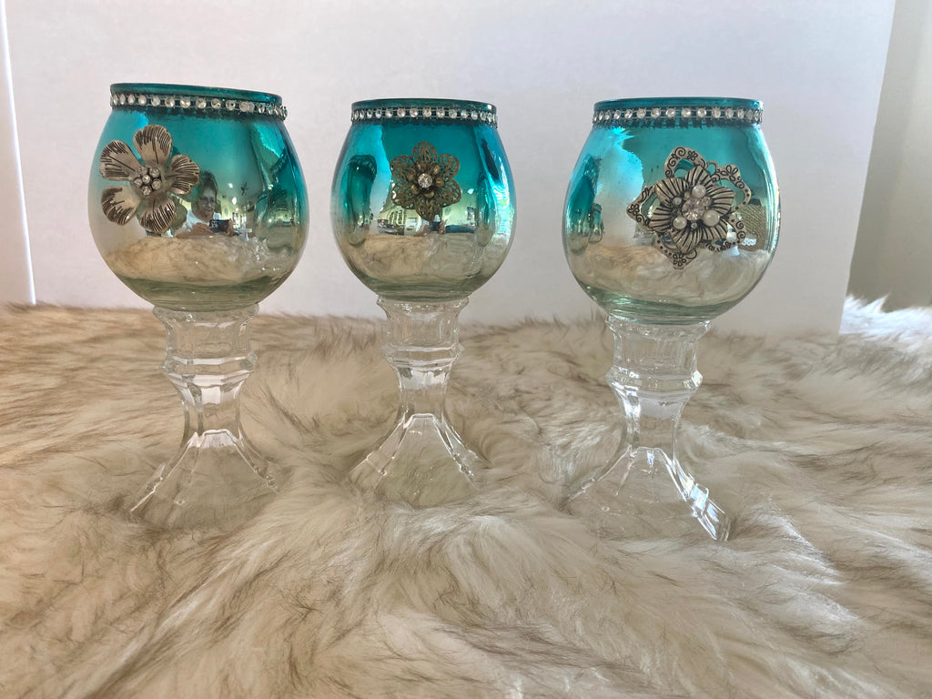 Three Piece Metallic Turquoise & Silver Candle Glassware Set