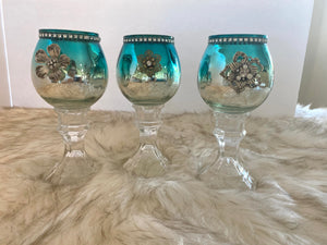 Three Piece Metallic Turquoise & Silver Candle Glassware Set