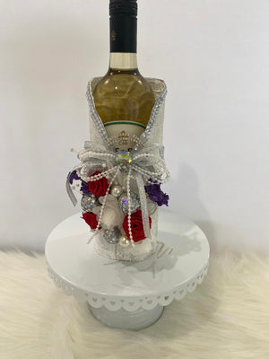 Handmade Wine Bottle Wrap w/ Rhinestones & Floral Embellishment...
