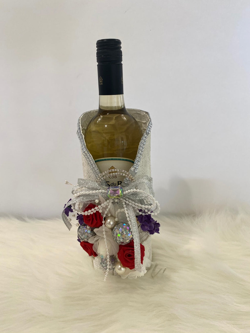 Handmade Wine Bottle Wrap w/ Rhinestones & Floral Embellishment...