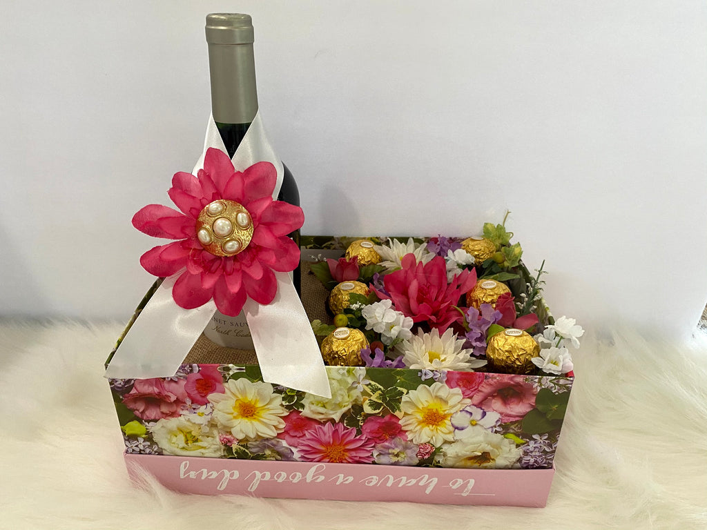 Floral Box Embellished w/2 Lg. Pink Flowers, White Daisies & Greenery...