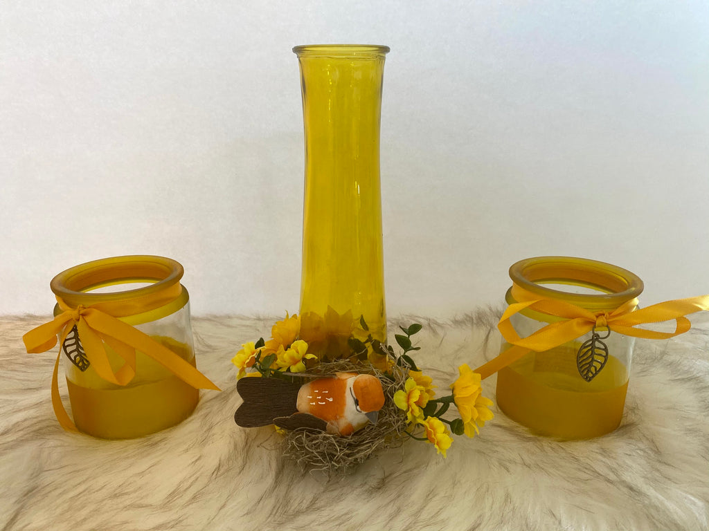 Three Piece Yellow Vase & Candle Glassware Set
