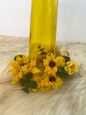 Three Piece Yellow Vase & Candle Glassware Set