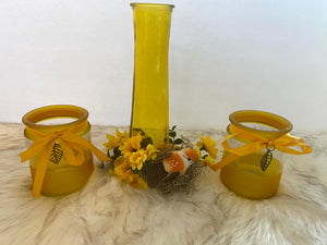 Three Piece Yellow Vase & Candle Glassware Set