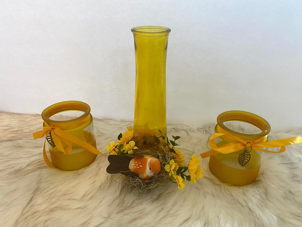 Three Piece Yellow Vase & Candle Glassware Set