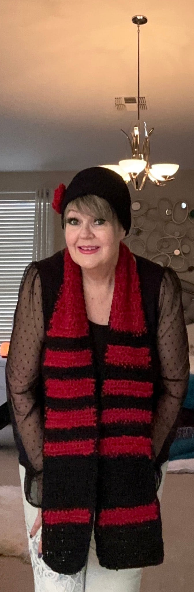 Red & Black Full Size Hand Crocheted Scarf w/ Black Beanie w/ Red Rosette
