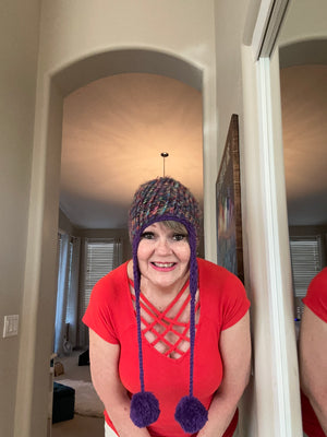 Multi-Colored Purple & Turquoise Hand Crocheted Ear Flap Hat w/ Pom Poms w/ Matching Scarf