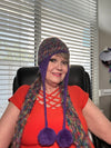 Multi-Colored Purple & Turquoise Hand Crocheted Ear Flap Hat w/ Pom Poms w/ Matching Scarf