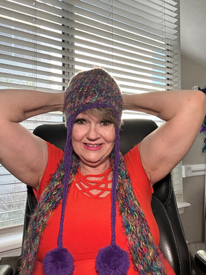 Multi-Colored Purple & Turquoise Hand Crocheted Ear Flap Hat w/ Pom Poms w/ Matching Scarf