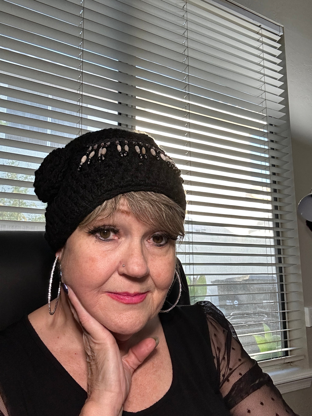 Black Beaded Beanie w/ Rosette
