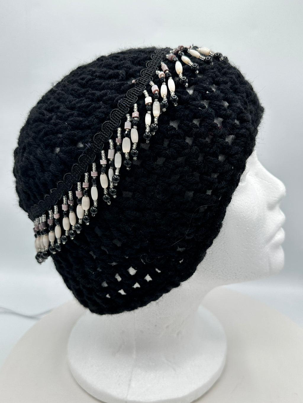Black Beaded Beanie w/ Rosette