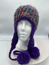 Multi-Colored Purple & Turquoise Hand Crocheted Ear Flap Hat w/ Pom Poms w/ Matching Scarf