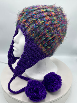 Multi-Colored Purple & Turquoise Hand Crocheted Ear Flap Hat w/ Pom Poms w/ Matching Scarf