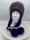 Multi-Colored Purple & Turquoise Hand Crocheted Ear Flap Hat w/ Pom Poms w/ Matching Scarf