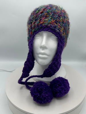 Multi-Colored Purple & Turquoise Hand Crocheted Ear Flap Hat w/ Pom Poms w/ Matching Scarf