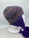 Multi-Colored Purple & Turquoise Hand Crocheted Ear Flap Hat w/ Pom Poms w/ Matching Scarf