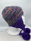 Multi-Colored Purple & Turquoise Hand Crocheted Ear Flap Hat w/ Pom Poms w/ Matching Scarf