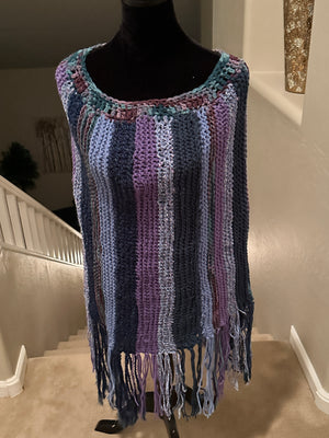 Multi-Colored Blue & Lavender Hand Knitted Poncho w/ Fringe