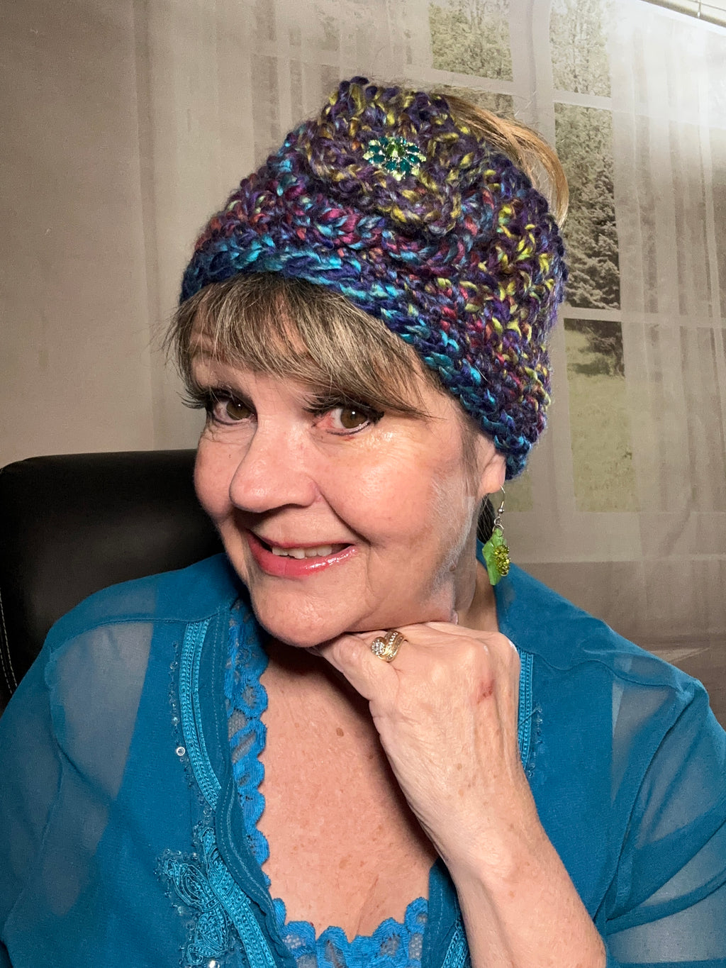 Hand Crocheted Headband w/ Rhinestone Embellishment