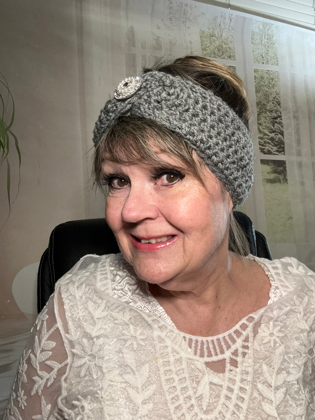 Gray Hand Crocheted Blingy Headband