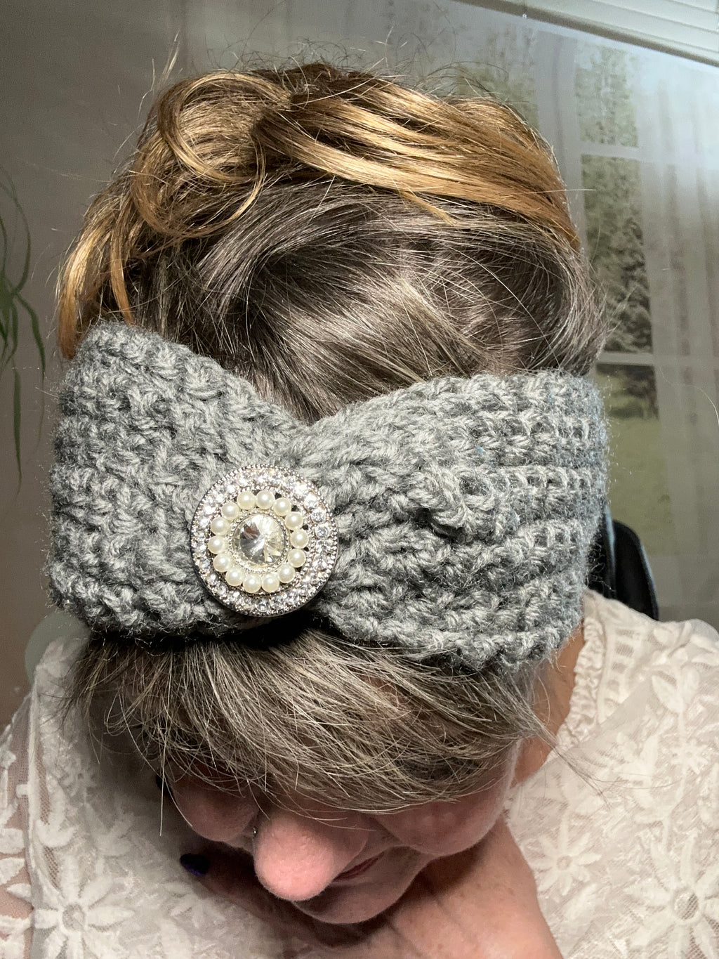 Gray Hand Crocheted Blingy Headband
