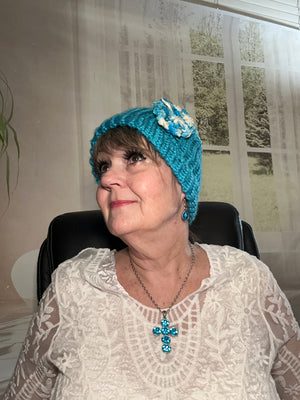 Turquoise & Ribbon Yarn Hand Crocheted Beanie w/ Ribbon Yarn Rosette