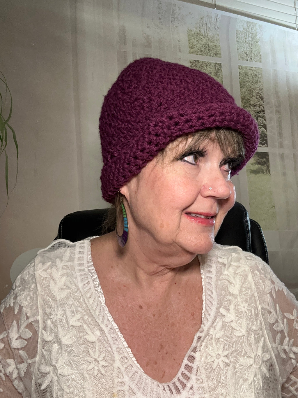 Purple Hand Crocheted Roll Rim Beanie